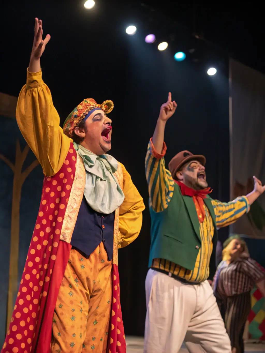 A heartwarming image of a theatrical production by LES VIODENAIRES, featuring actors in period costumes enacting a scene from regional folklore, highlighting their storytelling abilities.