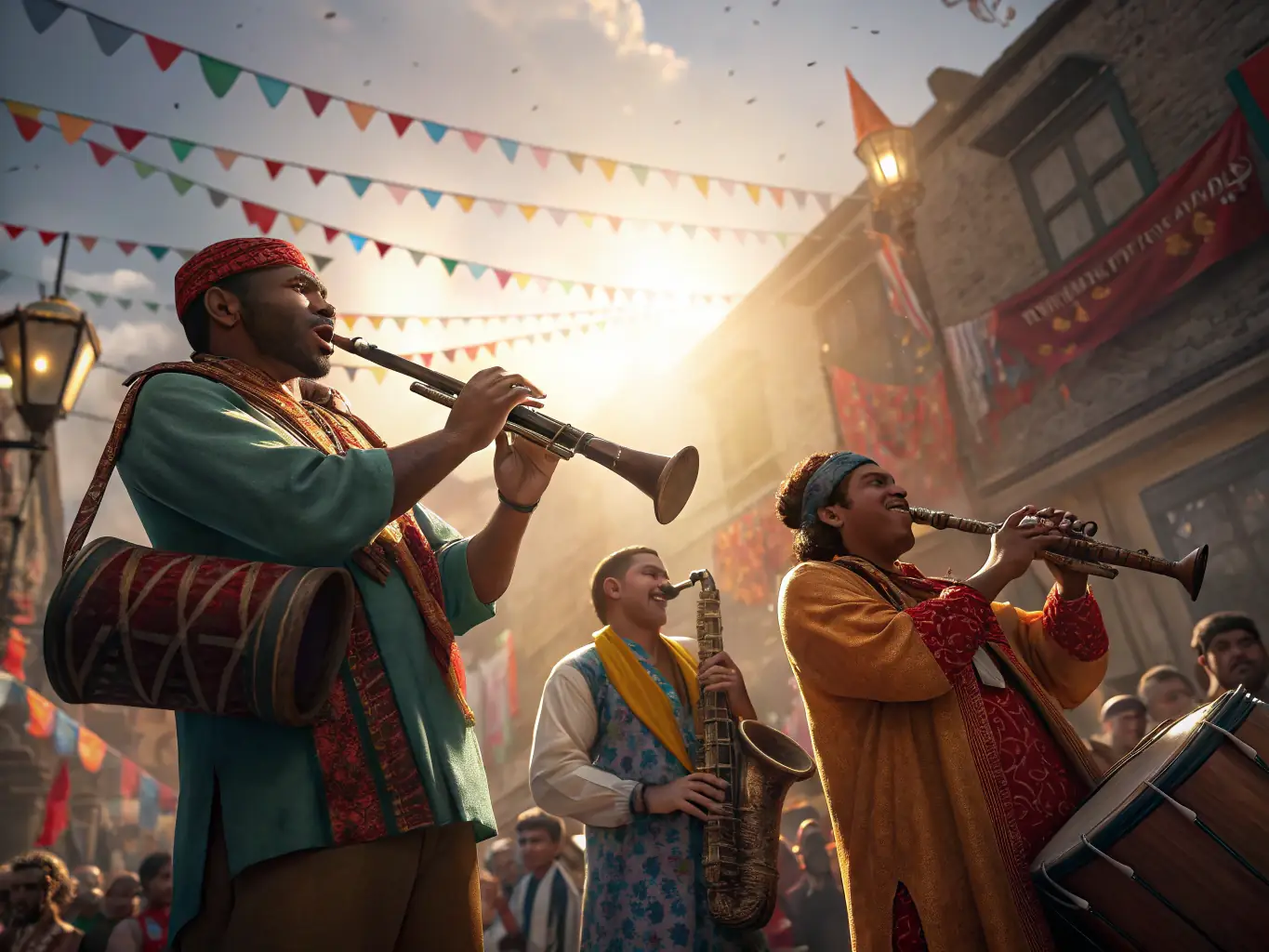 A vibrant image depicting a group of musicians playing traditional instruments during a LES VIODENAIRES musical performance. The setting is a local community event, showcasing the energy and passion of the performers.