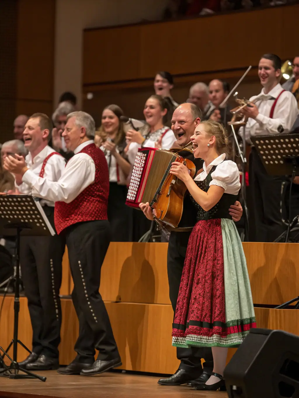 A vibrant image capturing a group of musicians playing traditional instruments during a LES VIODENAIRES performance, showcasing their dedication to preserving regional musical heritage.