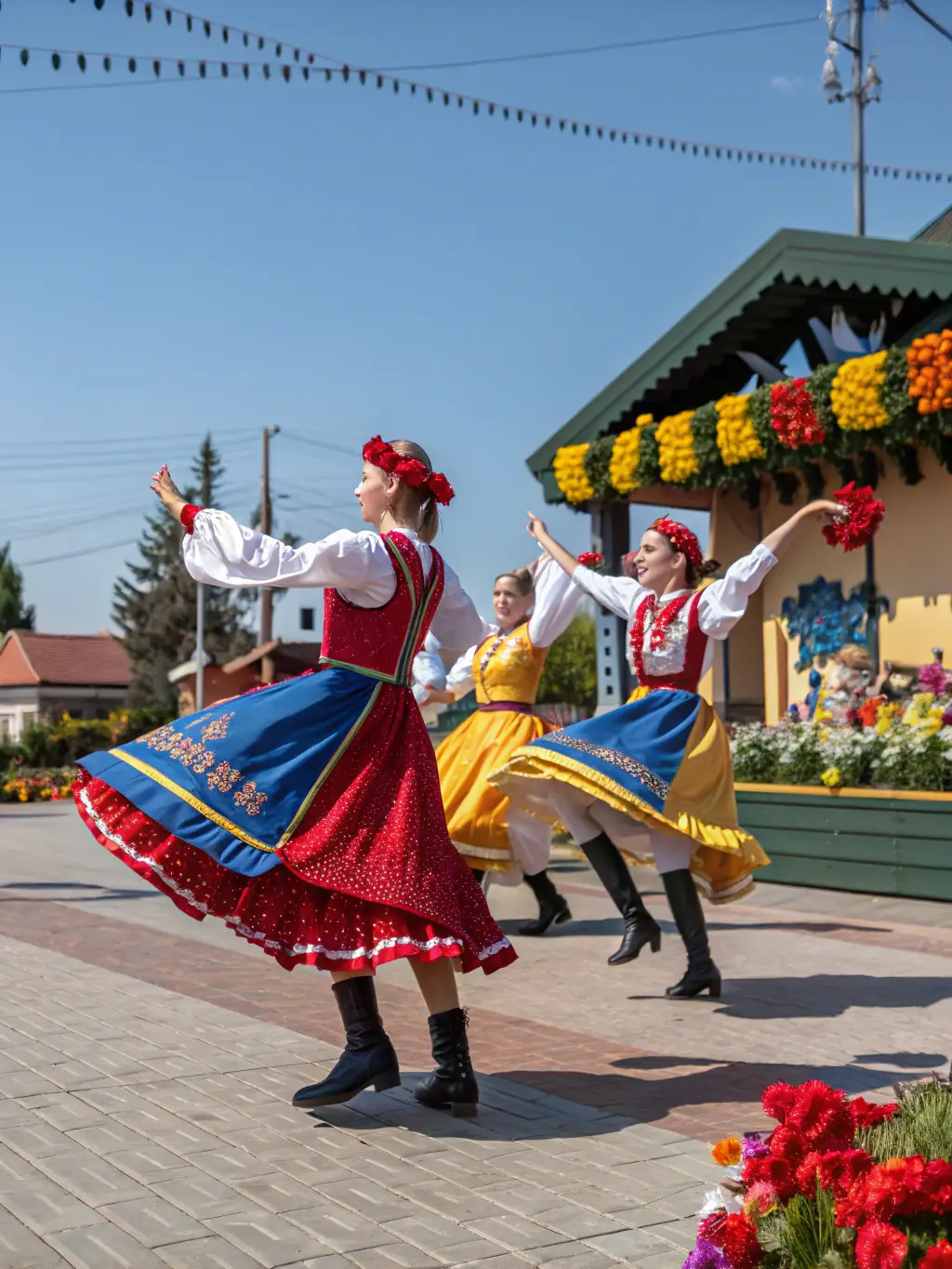A dynamic photo of dancers in traditional costumes performing a regional folk dance at a LES VIODENAIRES event, emphasizing the energy and cultural richness of their performances.