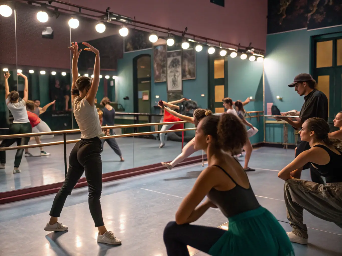 A dynamic image showing participants engaged in a LES VIODENAIRES dance workshop. The setting is a community hall, with dancers of various ages learning traditional folk dances.